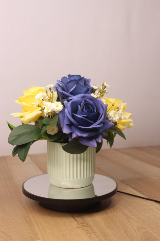 Royal Blue and Yellow Rose Arrangement - Realistic Artificial Flowers