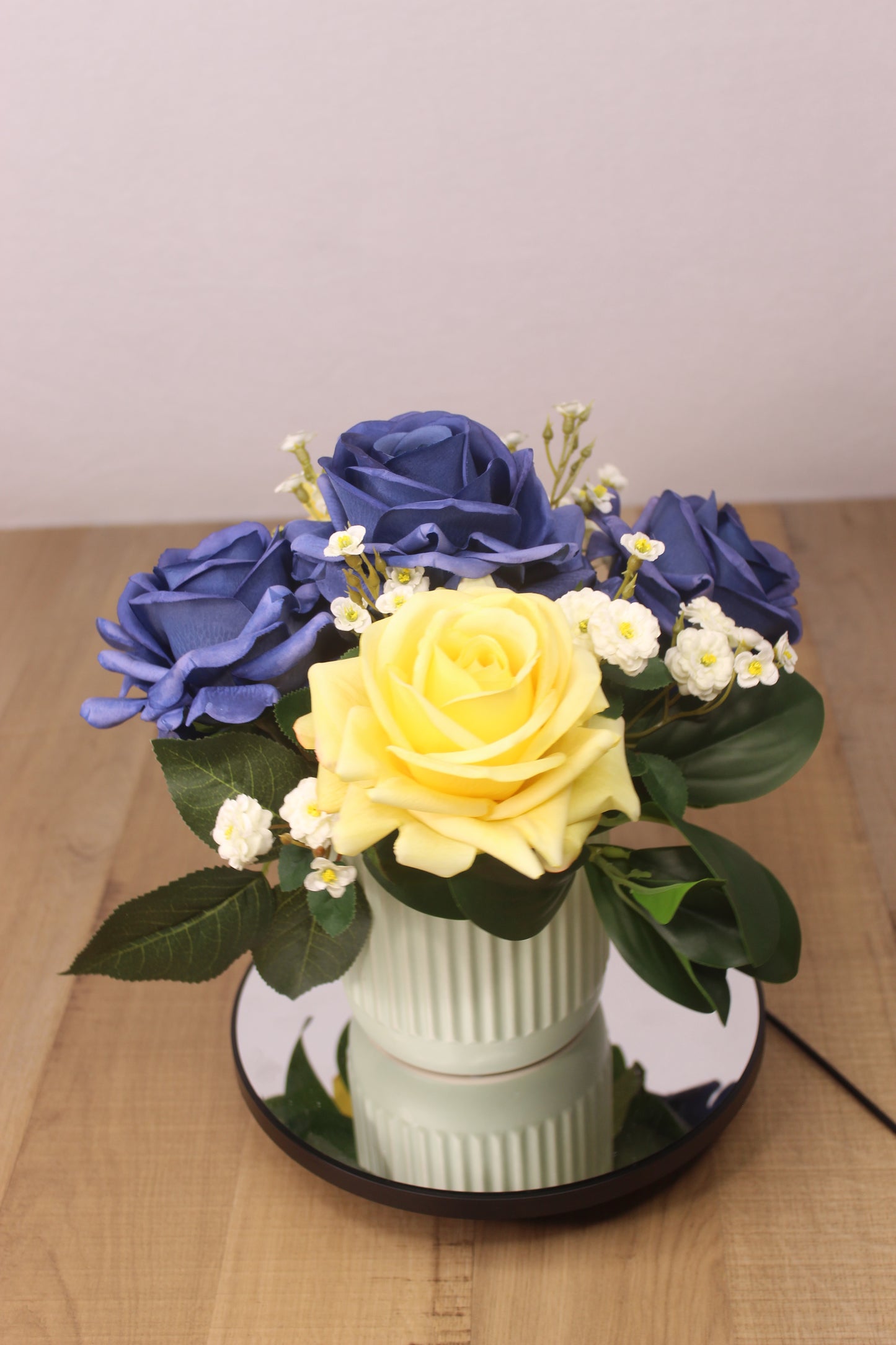 Royal Blue and Yellow Rose Arrangement - Realistic Artificial Flowers