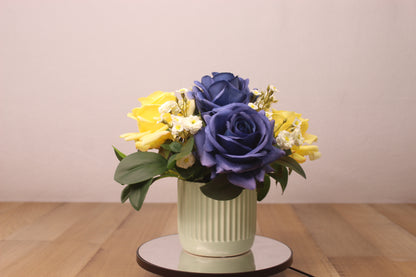 Royal Blue and Yellow Rose Arrangement - Realistic Artificial Flowers