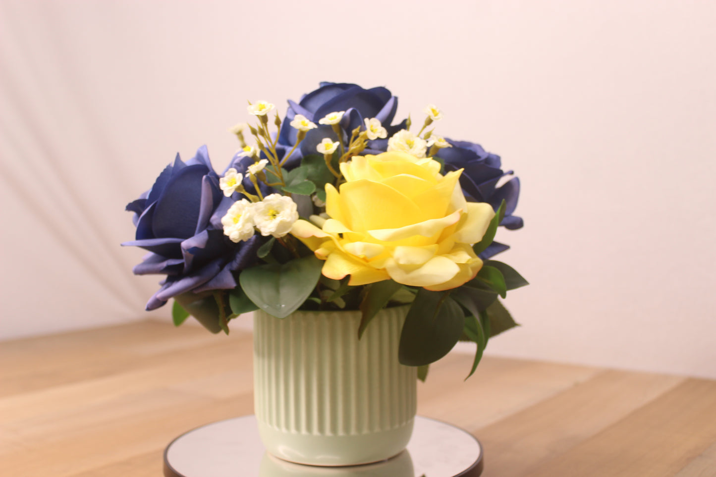 Royal Blue and Yellow Rose Arrangement - Realistic Artificial Flowers