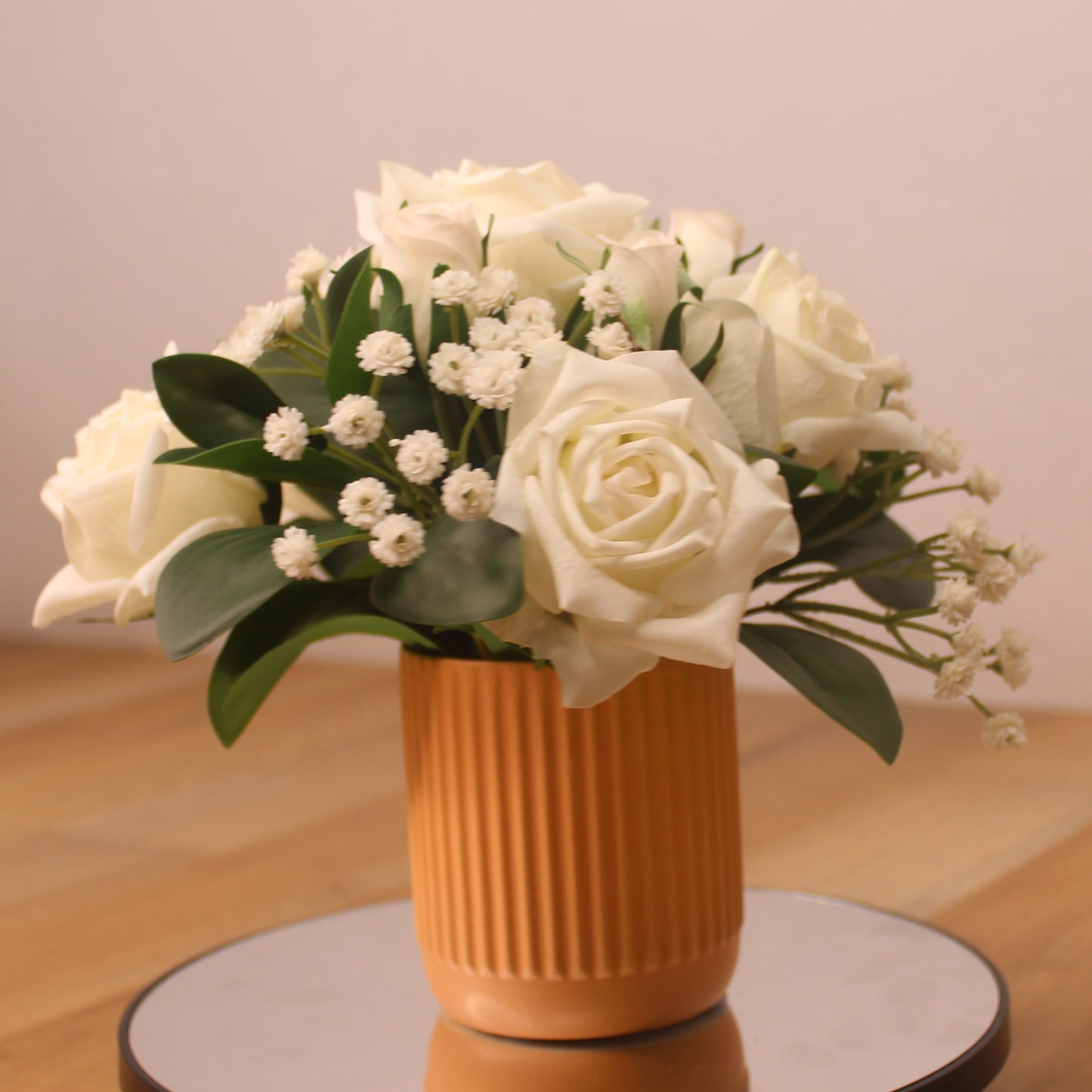 Classic White Rose and Baby’s Breath Arrangement - Realistic Artificial Flowers