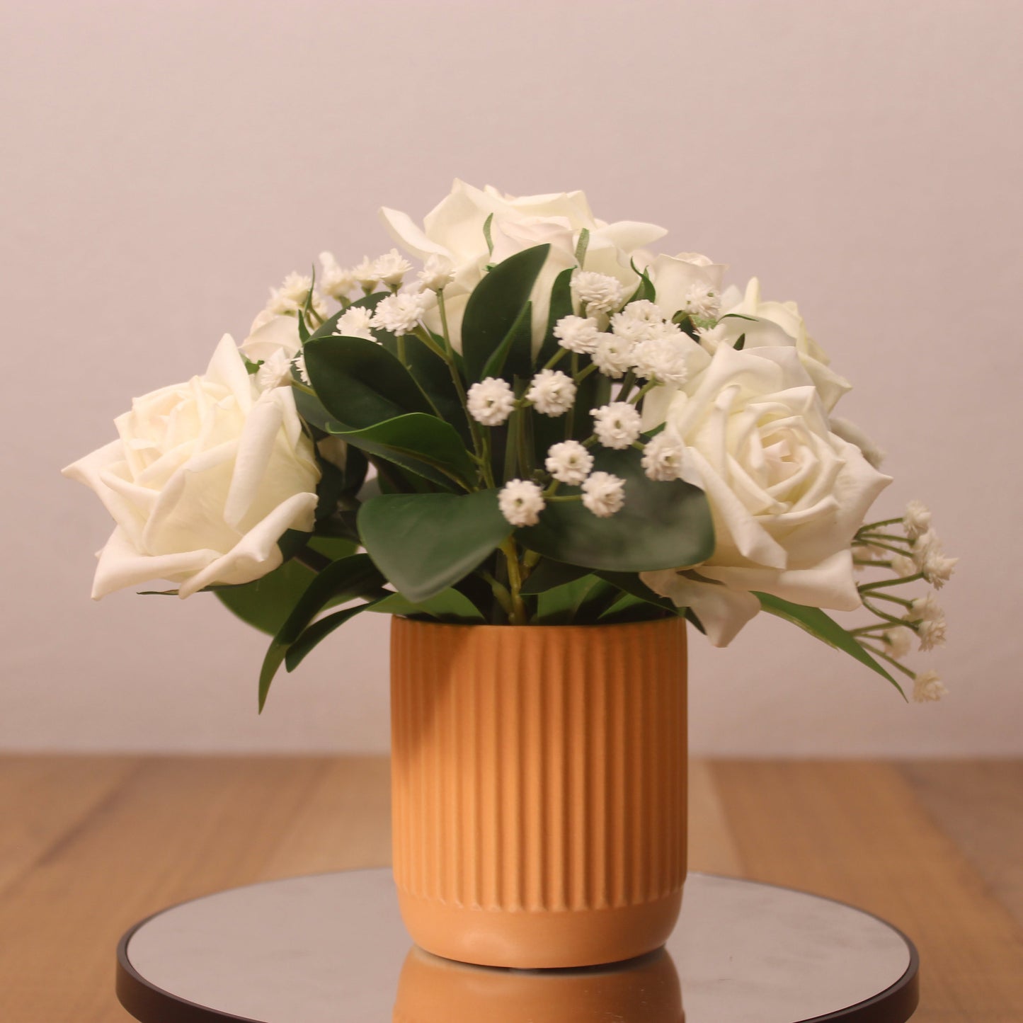 Classic White Rose and Baby’s Breath Arrangement - Realistic Artificial Flowers