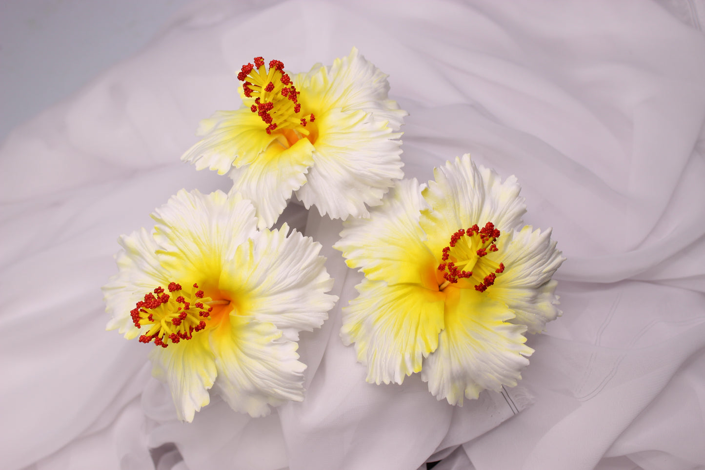 White/ Yellow Hibiscus Real Touch 8cm Flowerhead ( 6 Pack ) - Realistic Artificial Flowers