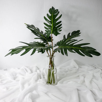 artificial large Xanadoo leaves placed in transparent glass vase