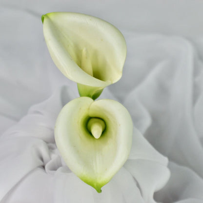 artificial white buttonhole calla lilies top view