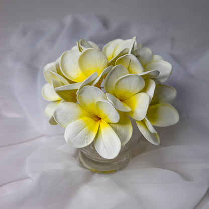 artificial White Yellow Frangipani Flowerhead in glass vase top view