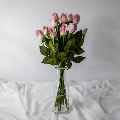 artificial Pink Ice Real Touch Rose Buds in clear glass vase