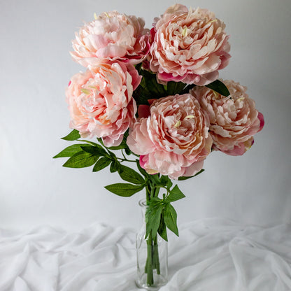 artificial Pink Peonies Large Bloom in clear glass vase