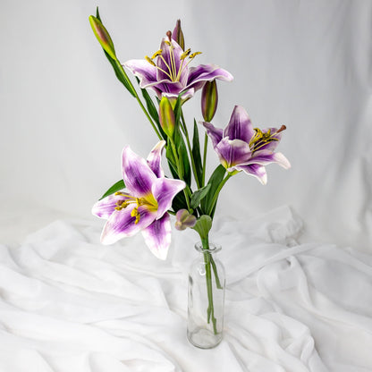 artificial Purple Asiatic Lilies Small in clear glass vase