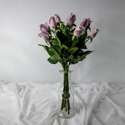 artificial Vintage Lilac Real Touch Rose buds in clear vase