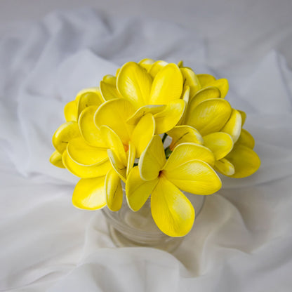 artificial Sunburst Frangipani Flowerheads in glass vase