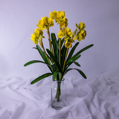 artificial Narcissus/Jonquils flowers in glass vase