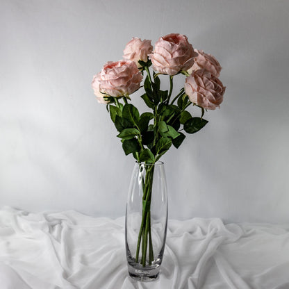 artificial Pink David Austin Soft Touch Open Bloom Roses in clear glass vase