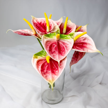 artificial Pink/Green Small Anthuriums in clear glass vase