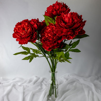 artificial Red Peonies Large Bloom in glass vase