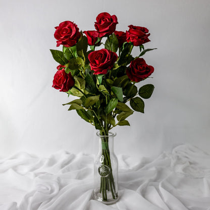 artificial Red Real Touch Half bloom Rose in clear glass vase