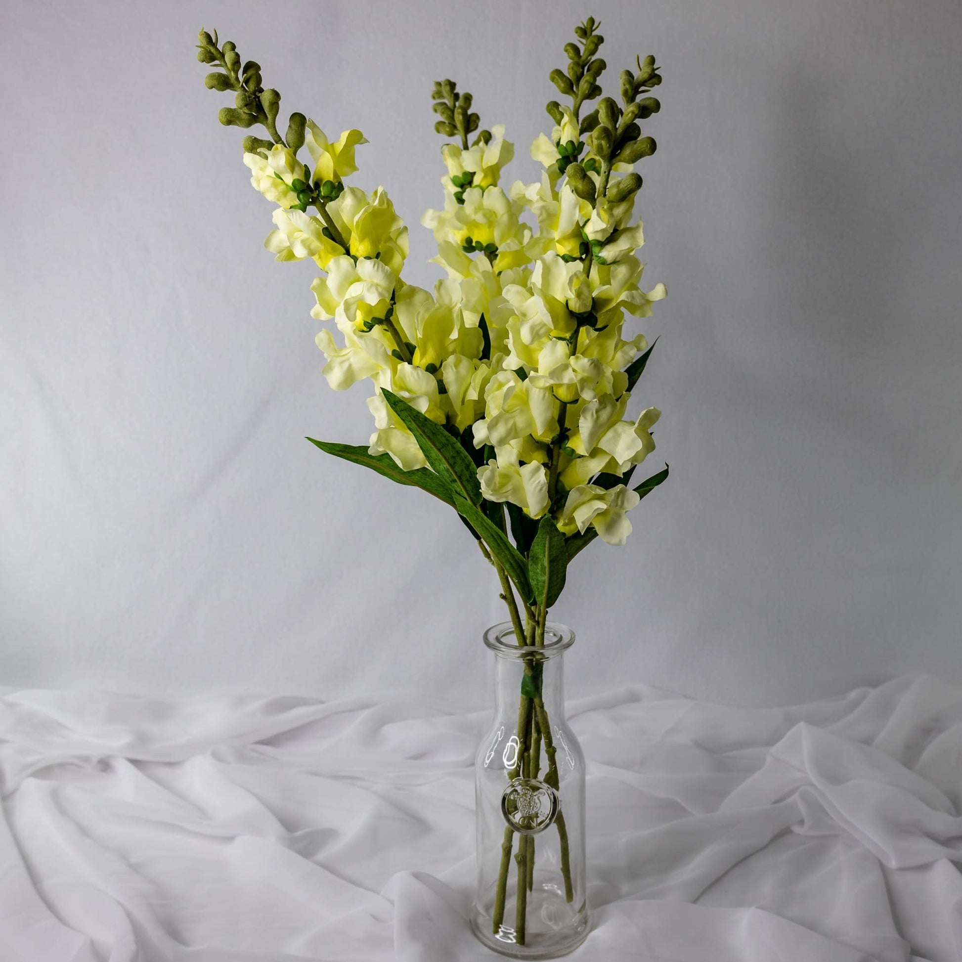 artificial Lemon Snap Dragons in glass vase in glass vase