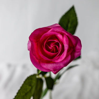 artificial Fuchsia Real Touch Half Bloom Rose top view closer look