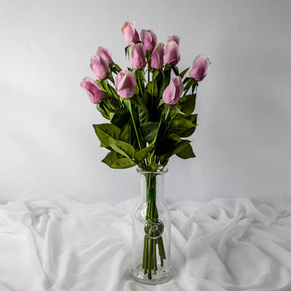 artificial Dusty Pink Real Touch Rose Buds in glass vase