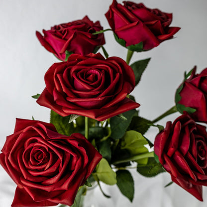 artificial Red Natural Real Touch Roses in glass vase top view