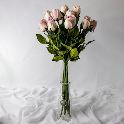 artificial Pink Ice Real Touch Open Bud Roses in glass vase