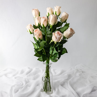 artificial Light Pink Real Touch Open Bud Roses in glass vase