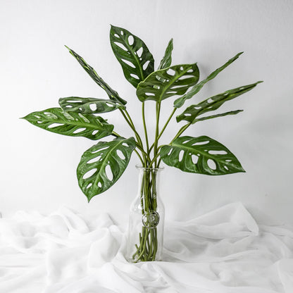 artificial Large Obliqua Leaves in glass vase closer look top view