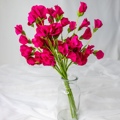 artificial Fuchsia Sweet Pea in glass vase closer look