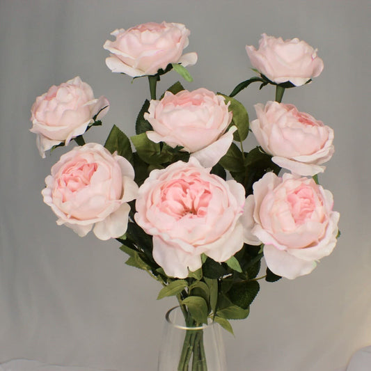 artificial David Austin Half Bloom Light Pink Roses in glass vase