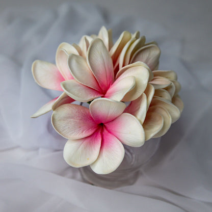 artificial white pink frangipani flowers placed in transparent glass vase