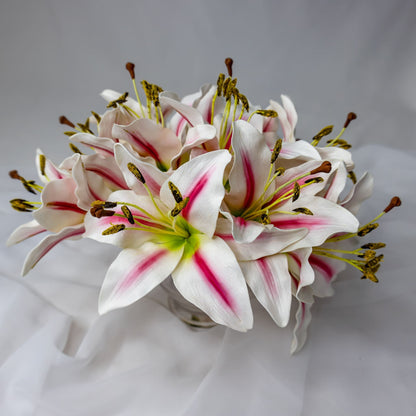 artificial White/Pink Stripe Asiatic Lily Flowerhead in glass vase