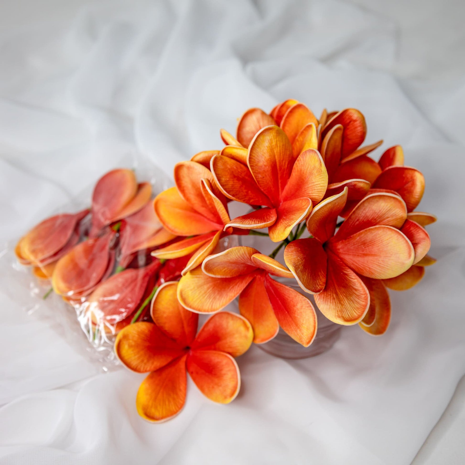 artificial tangerine frangipani flowers placed in transparent glass vase