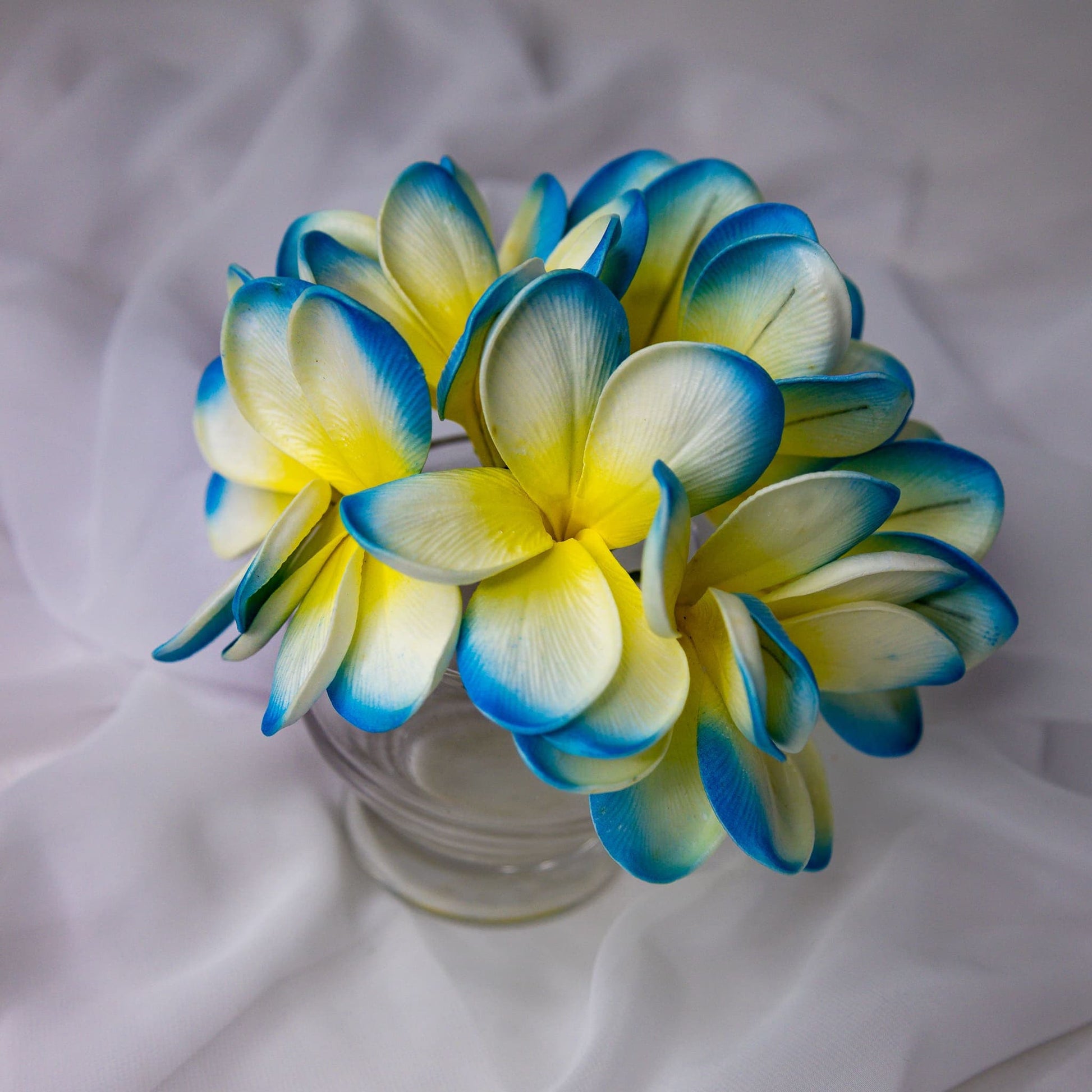 artificial skye blue frangipani flowers placed in transparent glass vase