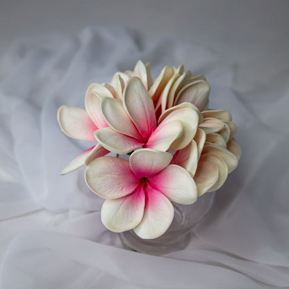 artificial white pink frangipani flowers placed in transparent glass vase