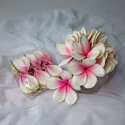 artificial white pink frangipani flowers placed in transparent glass vase