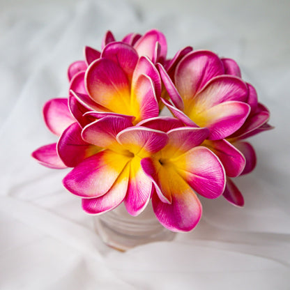 artificial pink frangipani orchids place in glass vase