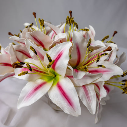 artificial White/Pink Stripe Asiatic Lily Flowerhead in glass vase