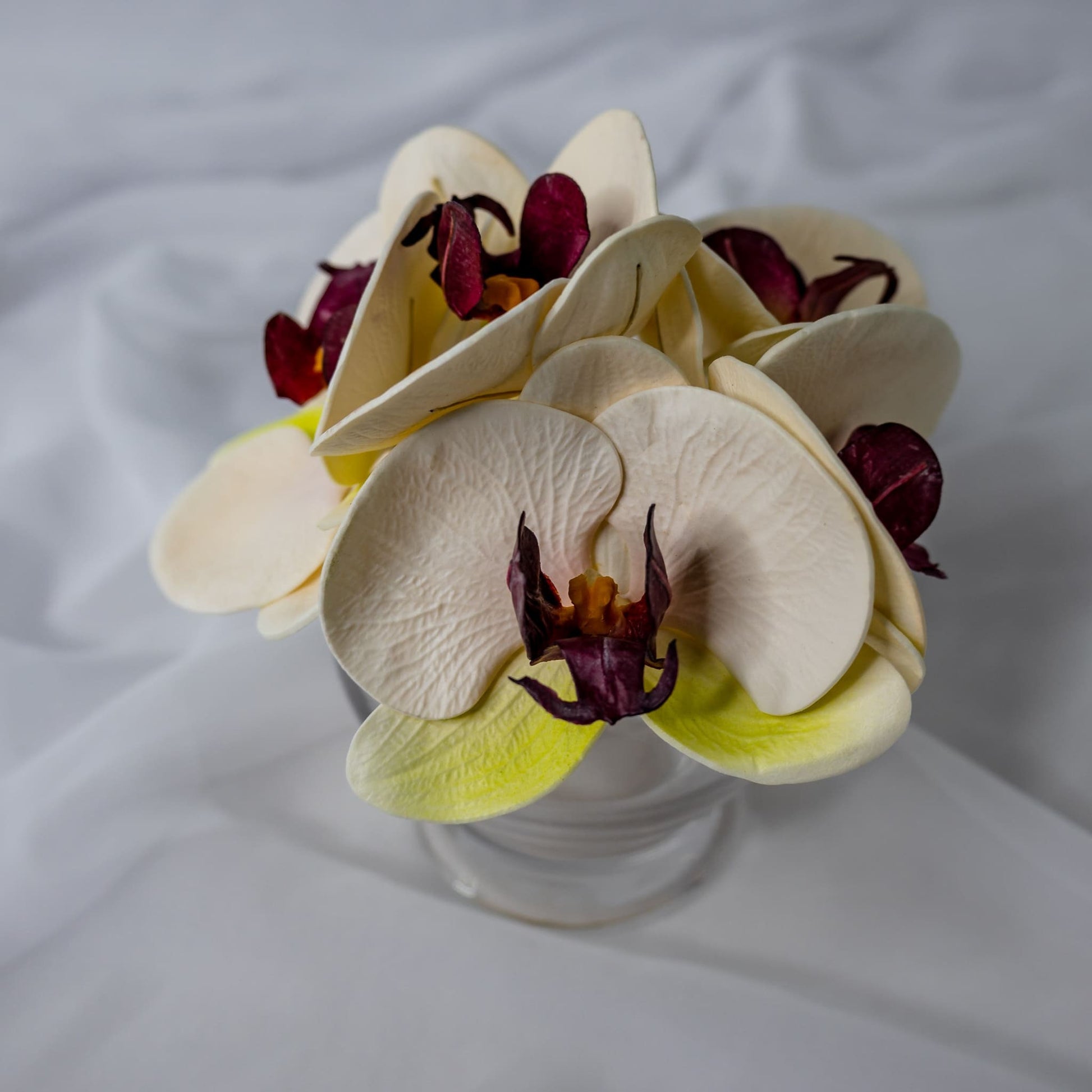 artificial White, Pink & Green Phalaenopsis Flowerhead in glass vase